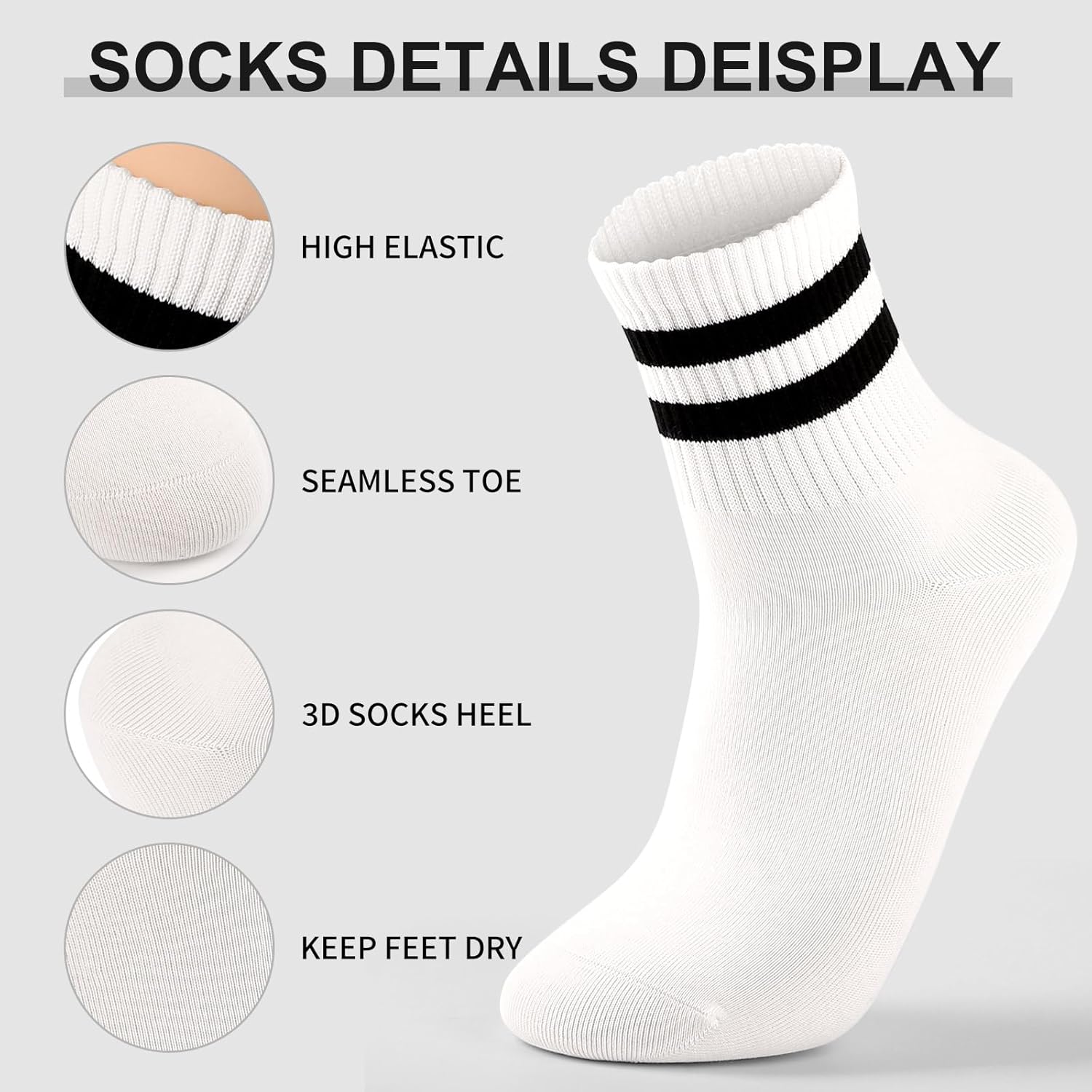FGZ Womens Crew Socks Solid Color Two Stripe Casual Socks for Women and Girls,5 Pairs (White) - Image 4