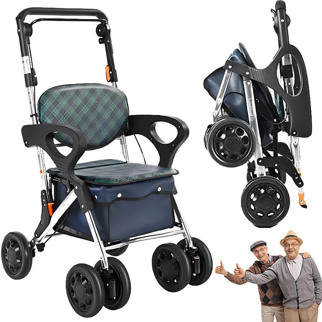 ICEMOB 2 in 1 Deambulatore Ultraleggero Pieghevole,Carrellino per Anziani Alluminio,Carrello con Ruote Portatutto Spesa,Bracciolo Regolabile A Tre Livelli,Supporta Fino A 220 Libbre