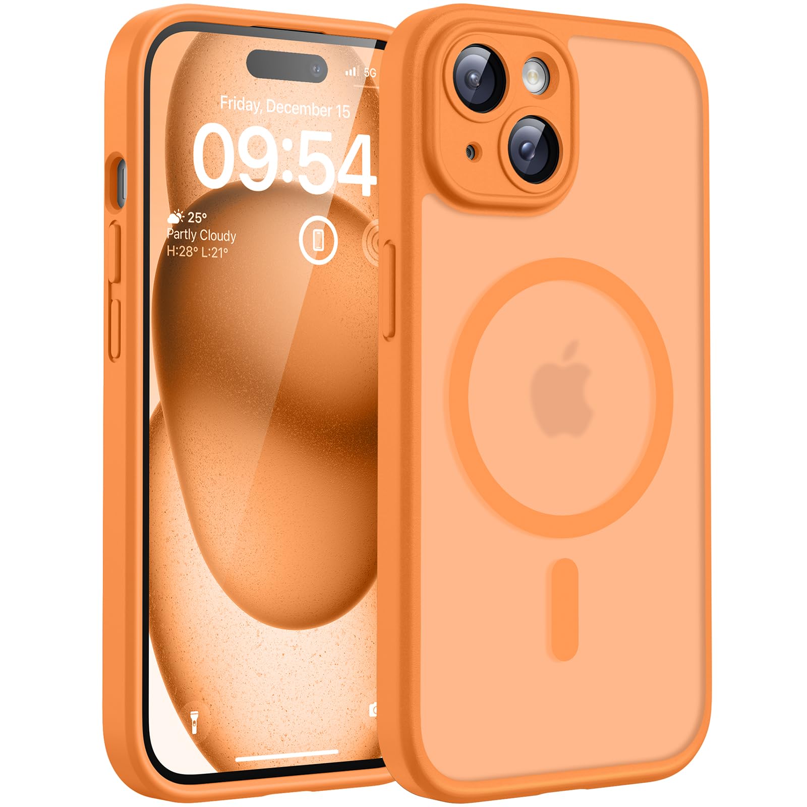TOCOL Cover Magnetica per iPhone 15 6,1 Pollic, Compatibile con MagSafe, Protezione Fotocamera Integrata, Custodia Antiurto Traslucida Opaca, Arancione