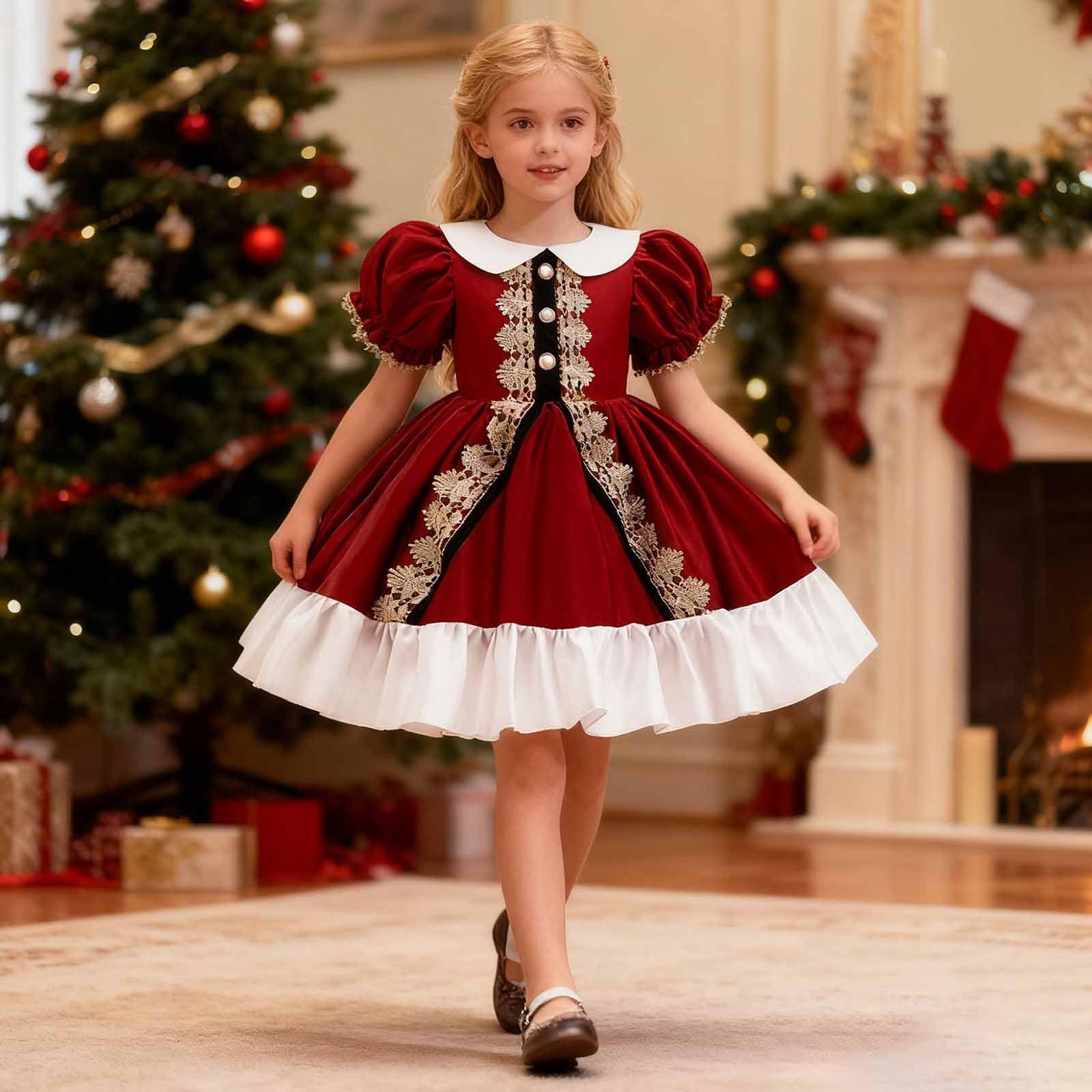 Vestiti Natale Bambina, Vestito da Festa per Bambina,a Maniche Corte,con Ricamo Natalizio,in Costume