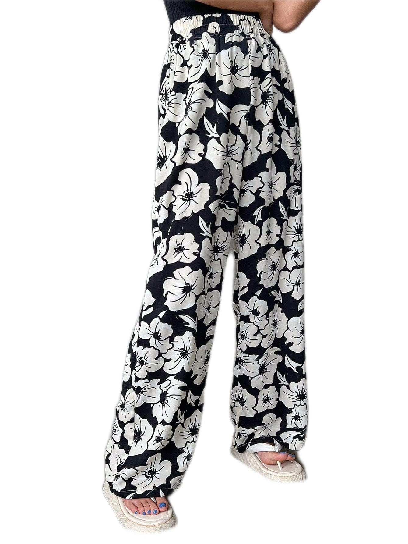 CRYBA Womens Pants Allover Floral Print Wide Leg Pants Pant for Women