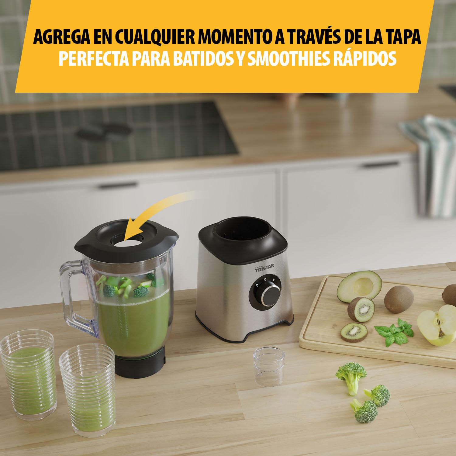 Tristar Batidora de Vaso, Jarra de Vidrio de 1,5 L, Motor de 1000 W, Cuerpo de Acero Inoxidable, 2 Velocidades, Fácil de Limpiar, BL-4489