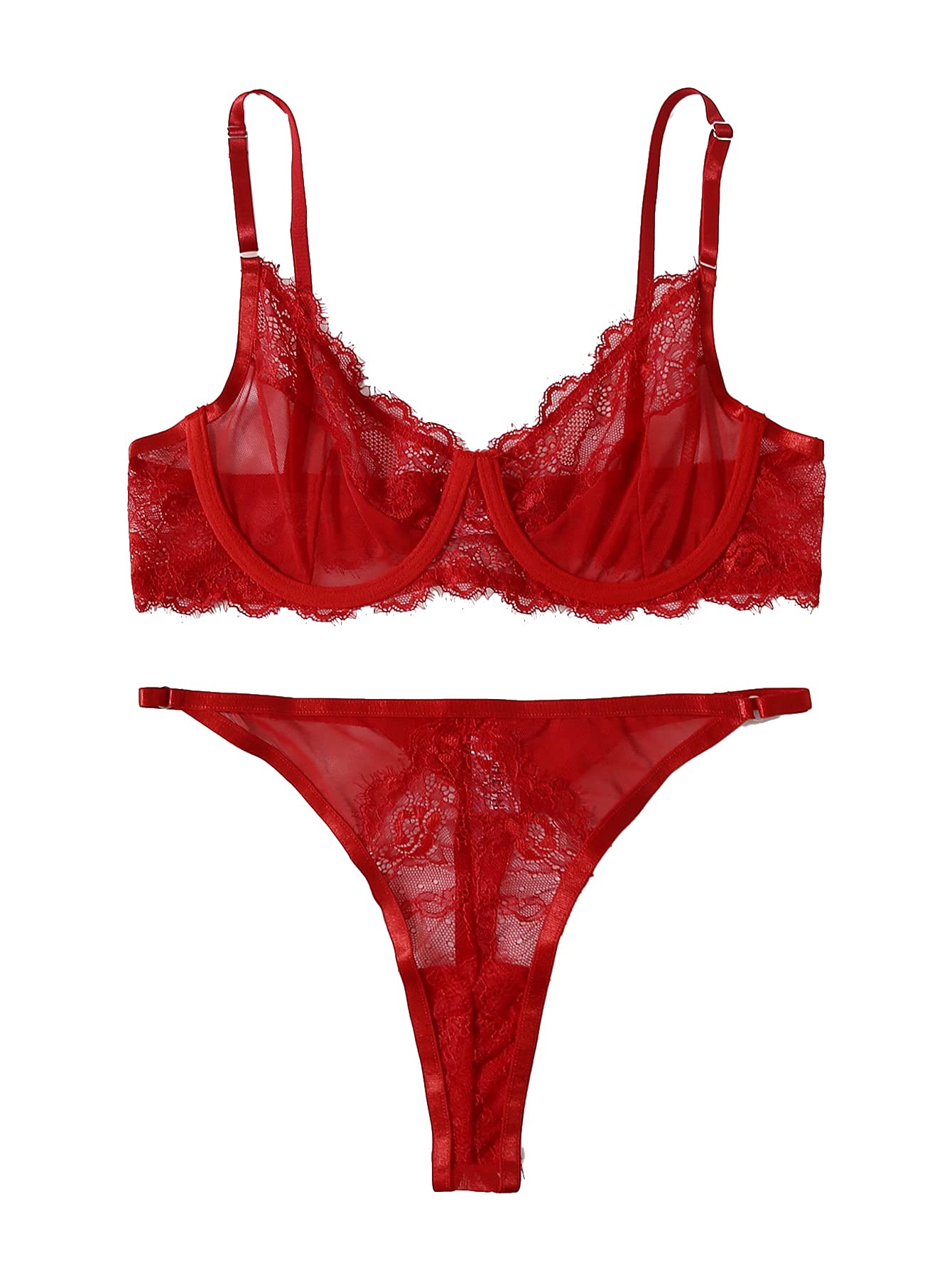 SOLY HUX Women's Floral Embroidered Mesh Underwire Bra and Panty Sexy Lingerie Set