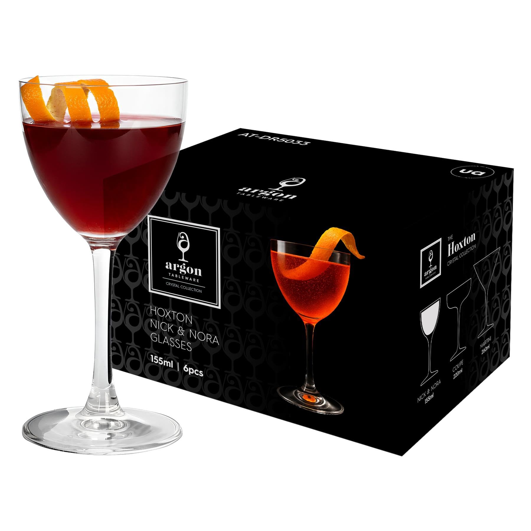 Argon Tableware Hoxton Crystal Nick & Nora Glasses 155ml - Pack of 48, Lead-Free Crystal Cocktail Glass Set, 1930s Vintage Style, Curved Bowl for Martinis & Manhattans, Gift Boxed