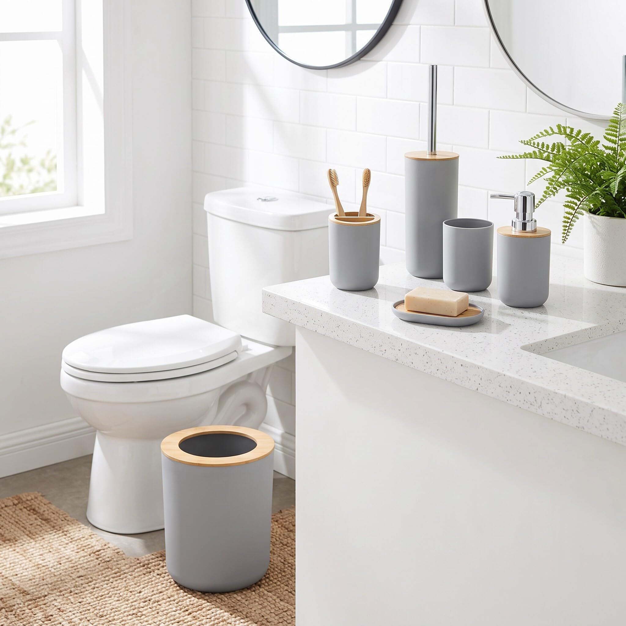 Set di 6 Accessori da Bagno, Dispenser di Sapone, Portasapone, Portaspazzolino, Tazza di Risciacquo, Porta Scopino per WC, Pattumiera, Set da Bagno Completo da 6 Pezzi, in PP e bambù (Grigio)
