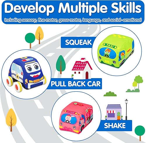 Miniatura 5 de Juguetes suaves para niños de 1 año de edad, juguetes para bebés de 6 a 12 meses, 12 a 18 meses, juego de vehículos de automóvil con tapete de