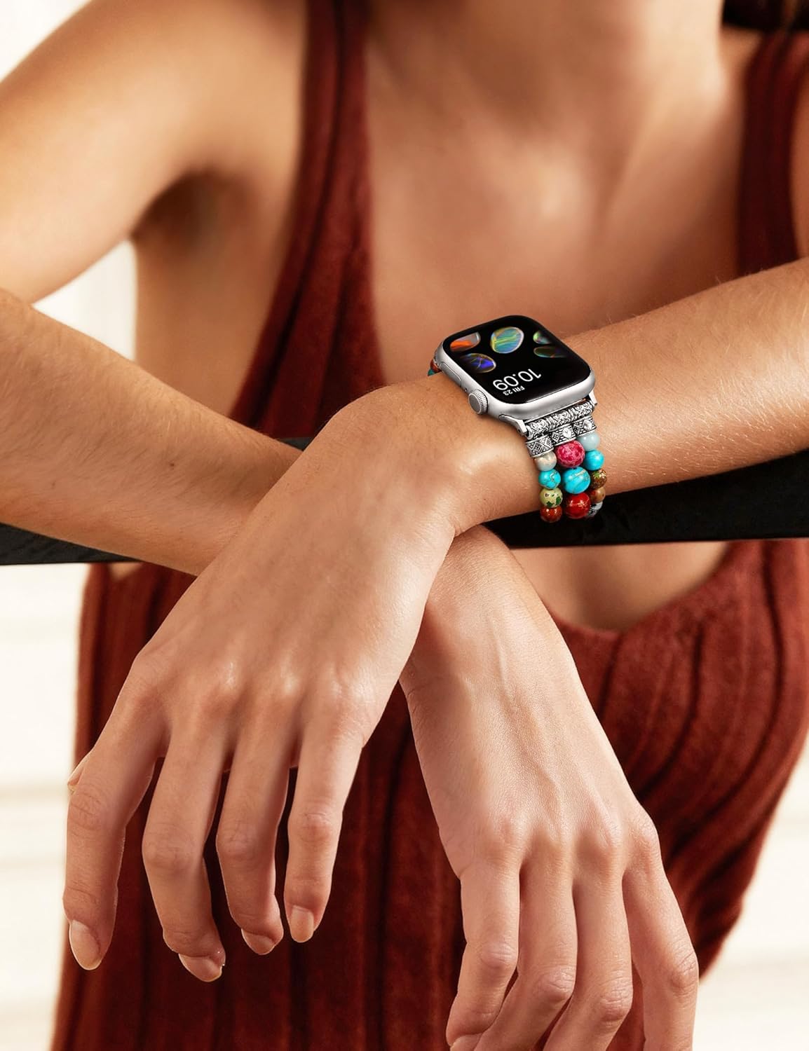 Moolia Stretch Natural Stone Strap Compatible with Apple Watch Bands 40/42/41/38mm Women, Jasper Handmade Bracelet Boho Beaded Band for iWatch Series 11 10 9 8 7 6 5 4 3 SE/Ultra 3 2 1