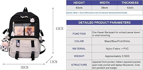 Miniatura 2 de Kawaii - Mochila estética para laptop, bolsa escolar de gran capacidad, bonita mochila de 17 pulgadas para niñas con insignia y colgante, Negro -,