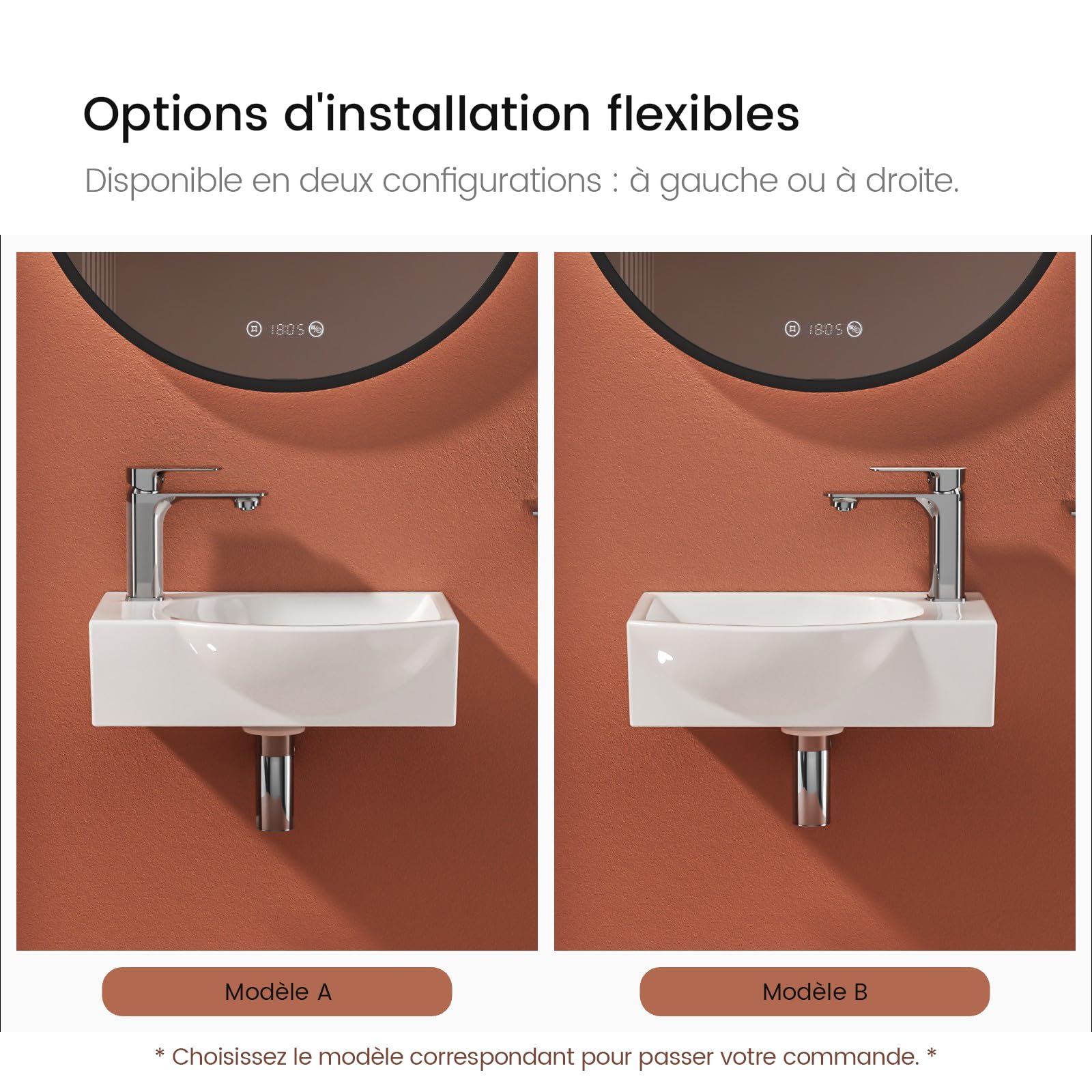 EMKE Lavabo colgante 405 x 280 x 140 mm - Lavabo compacto y elegante para baños pequeños y WC para invitados - Grifo izquierdo, instalación en pared, color blanco brillante