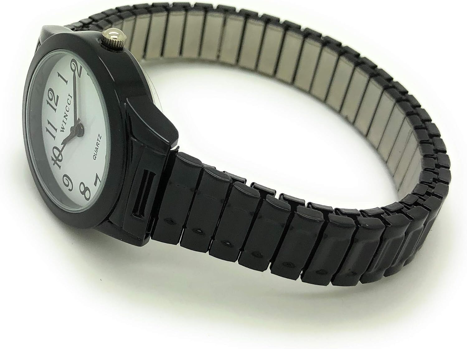 Ladies Classic Round Stretch Elastic Band Fashion Analog Quartz Watch White Dial with Easy to Read Black Numbers Black Hour Minute Second Hands