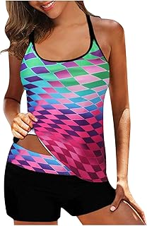 Completo da donna Floral Halter Tankini con pantaloncini a vita alta, costume da bagno sportivo Tankini, 2 pezzi, con stampa, set imbottito e senza ferretto e pantaloncini estivi