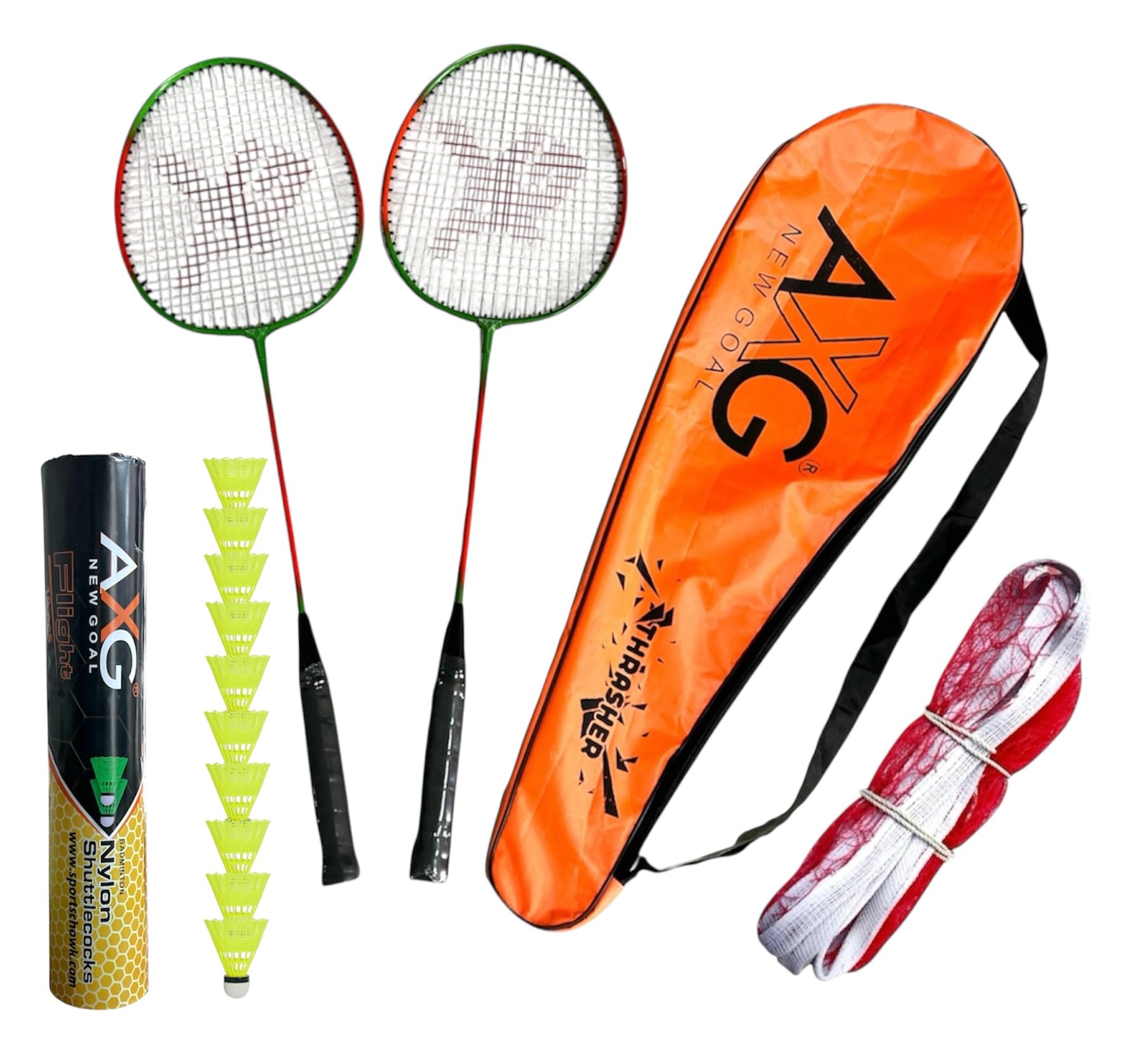 Thrasher Racquets Set of 2 with 10 Shuttles & Net Badminton Kit (Orange Green)-image-17