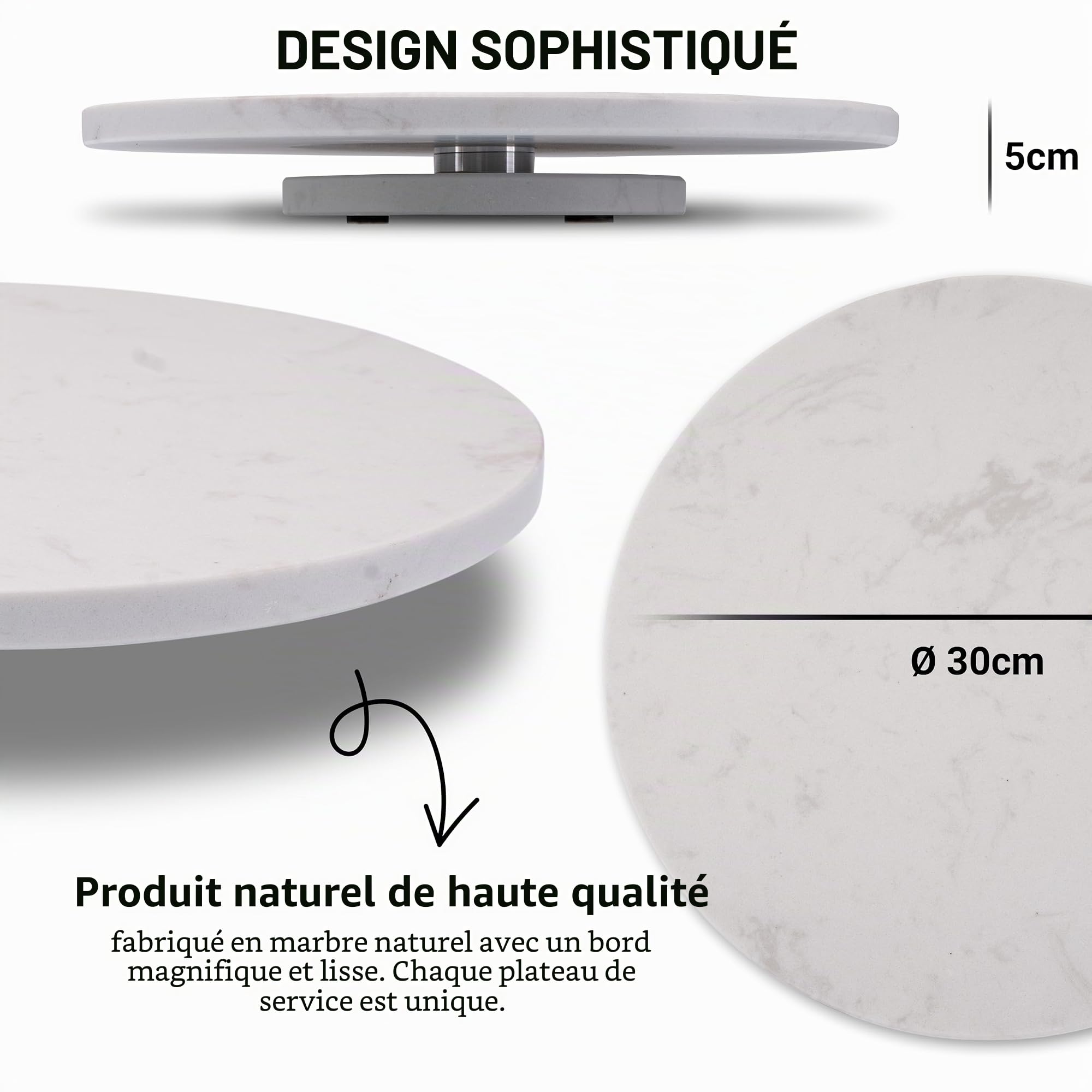 Plateau Rotatif en Marbre Rond - à Gâteau, Saucisse, Fromage - de Service Avec Pied - Blanc - Tournant - Présentoir