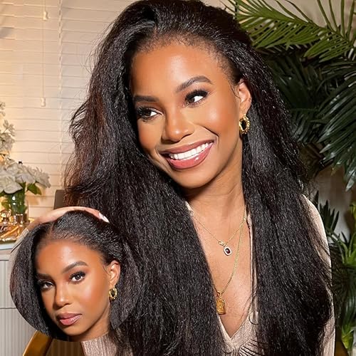 Miniatura 4 de Sunber Pelucas de encaje frontal de cabello humano 4C con borde rizado Yaki recta piel fundida 13x4 encaje frontal pelucas de cabello humano 12A