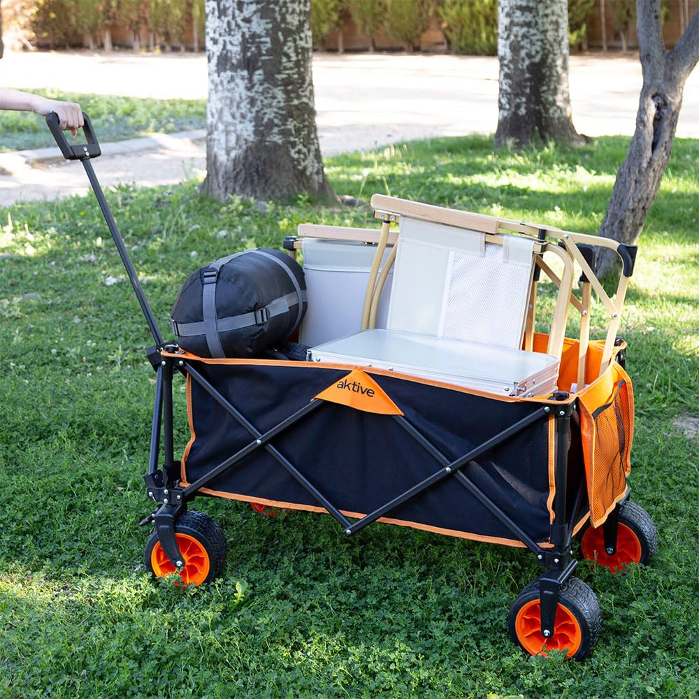 Aktive Carro Transporte Plegable, Playa, Jardín, Camping, hasta 100 kg, Ruedas robustas y giratorias 360 Grados con Frenos, Mango multiángulo, con Bolsillo, con Funda, Portasillas, Negro y Naranja