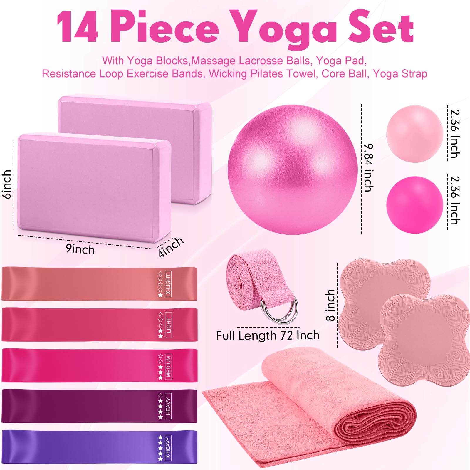 Simgoing 14 kits de yoga para entrenamientos en casa, equipo de pilates para mujeres principiantes, bloques de toalla de yoga caliente, correa, rodillera, banda de ejercicio de bucle de resistencia