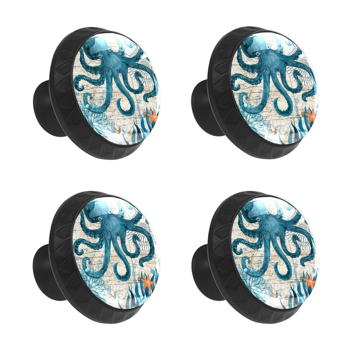 Mehom One Color 4 Pcs Crystal Glass Cabinet Drawer Knob,Cyan Octopus Ocean Round Drawer Knobs Kitchen Cabinets Dresser Cupboard Wardrobe Unique Pulls Handles