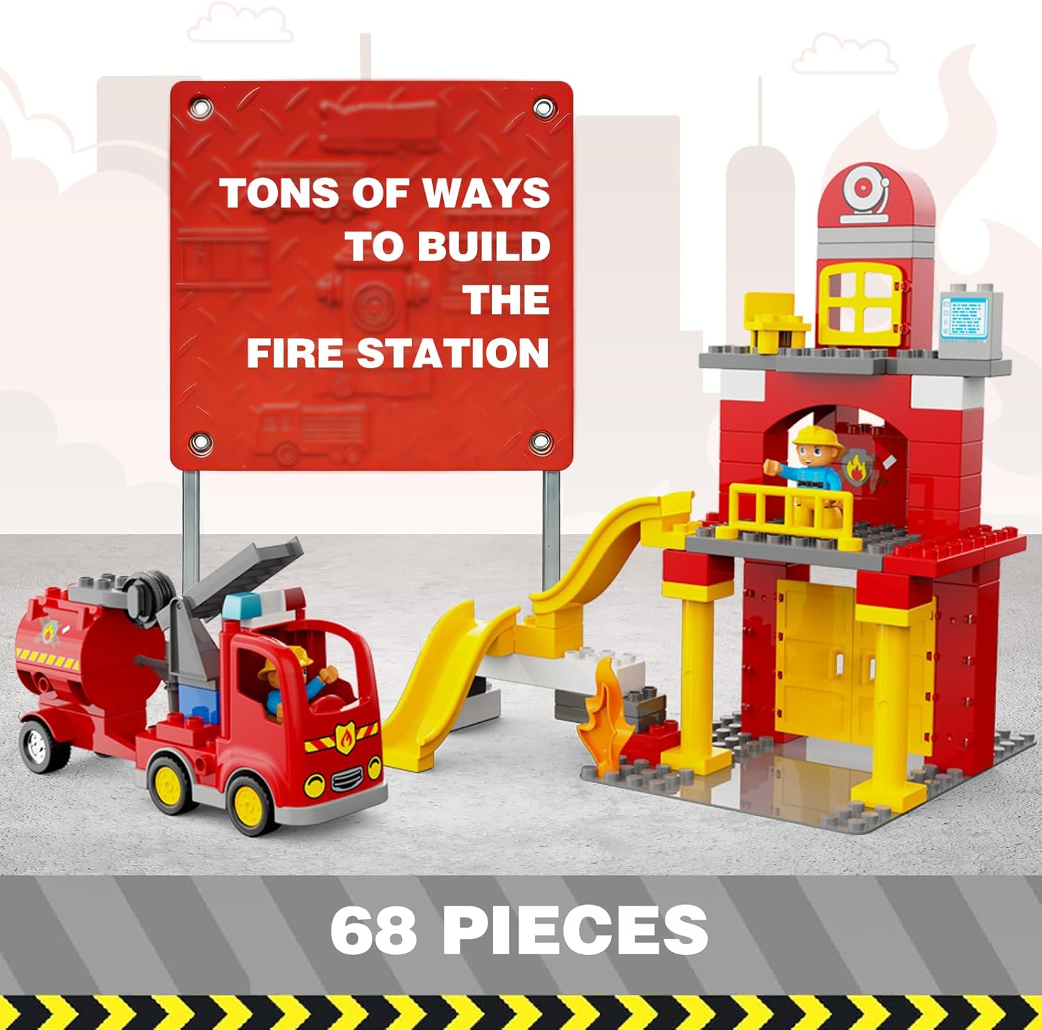 68Pcs Fire Station Playset,Classic Big Building Blocks Compatible with All Major Brand, Firefighter Gifts, Firetruck Toys 3-5 Years Old, Fire Station Toys, Fire Trucks for Toddlers 3-5