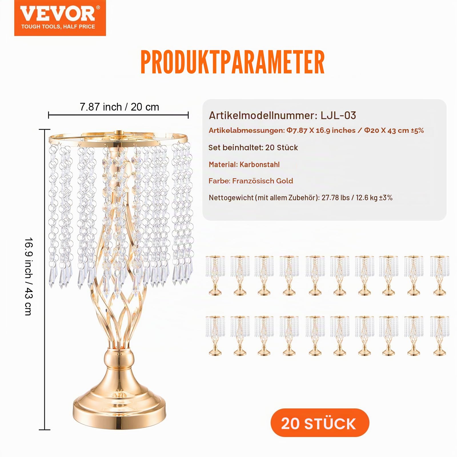 VEVOR 20 STK 43 cm hoher Blumenständer aus Kristallglas für Hochzeiten, Metallvase für Hochzeitsmittelstücke, goldene Blumenhalter, Blumenständer für Tische, Hochzeitsessen, Partys