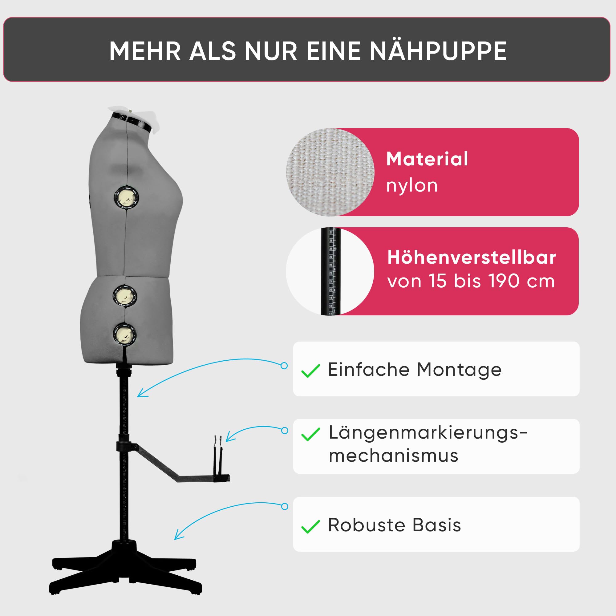 Nähpuppe für Schneiderinnen Ausstellung, höhenverstellbar Frau einziehbar Mannequin, Brustumfang 44-52 Euro, Ergonomisches Design mit Größe Fixatoren, 13 Elemente, Größe L-XXXL (Grau)