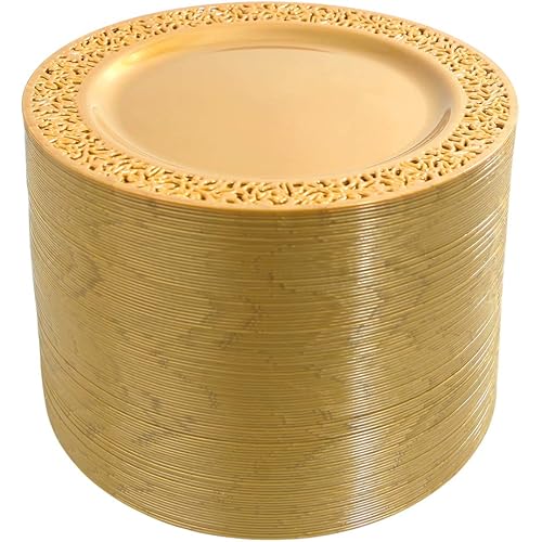 I00000 102PCS Brown Gold Dessert Plates 7.25”, Plastic Salad Plates with Lace Design, Gold Disposable Plates Ideal for Weddings, Appetizer and Any Occasions