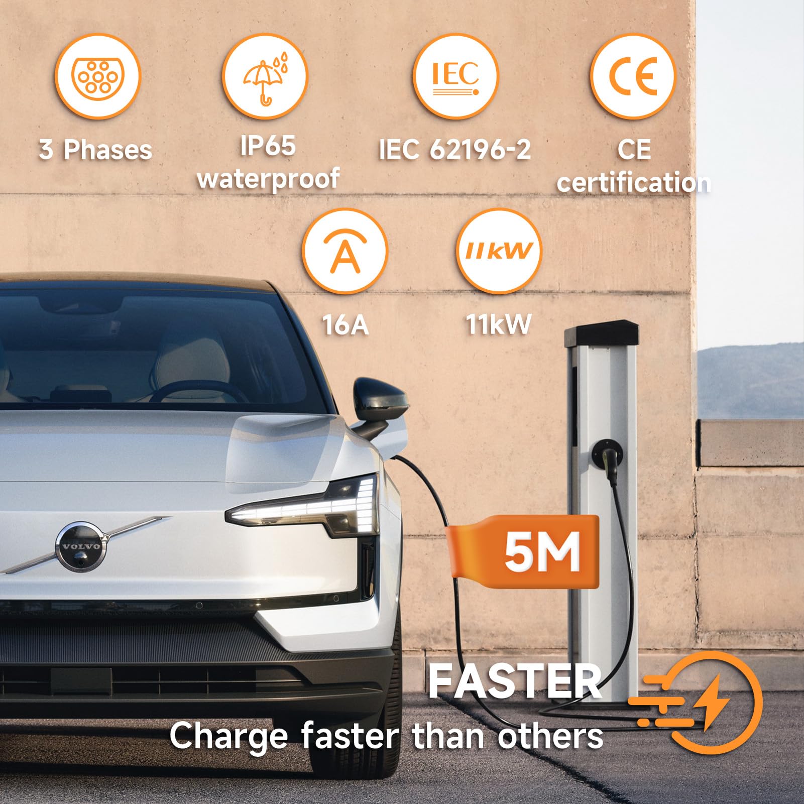 Cable de Carga Coche Electrico Tipo 2, 11kW | 16A | Trifásico | 5M, Cable de Carga EV Tipo 2, Cable de Carga para Vehículos Eléctricos e Híbridos Enchufables de Tipo 2 a Tipo 2, con Bolsa