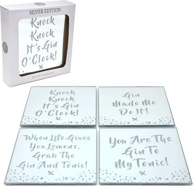 The Leonardo Collection Heat Resistant Set Of 4 Glass Coasters - Silver Gin Glitter Slogans