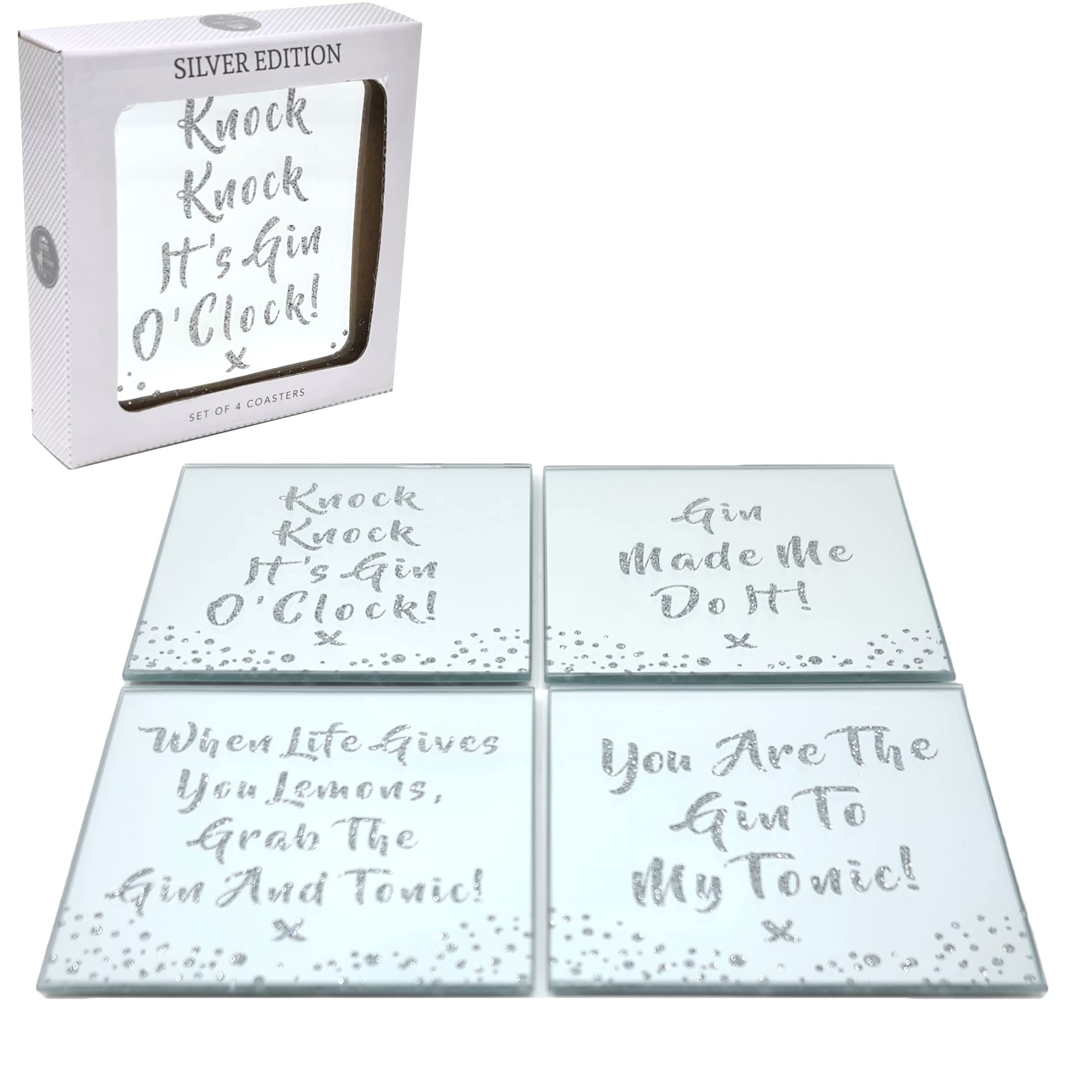 The Leonardo Collection Silver Heat Resistant Set Of 4 Glass Coasters - Gin Glitter Slogans