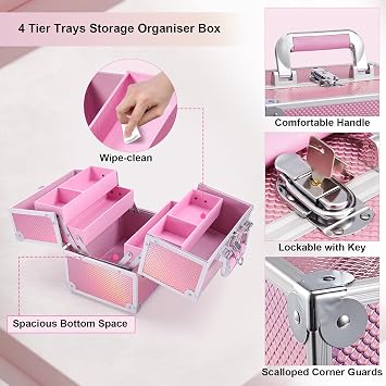 Frenessa Makeup Box Organiser Cosmetics Case Jewellery Organiser Box Vanity Case Pink Make Up Storage Beauty Case Lockable with Keys