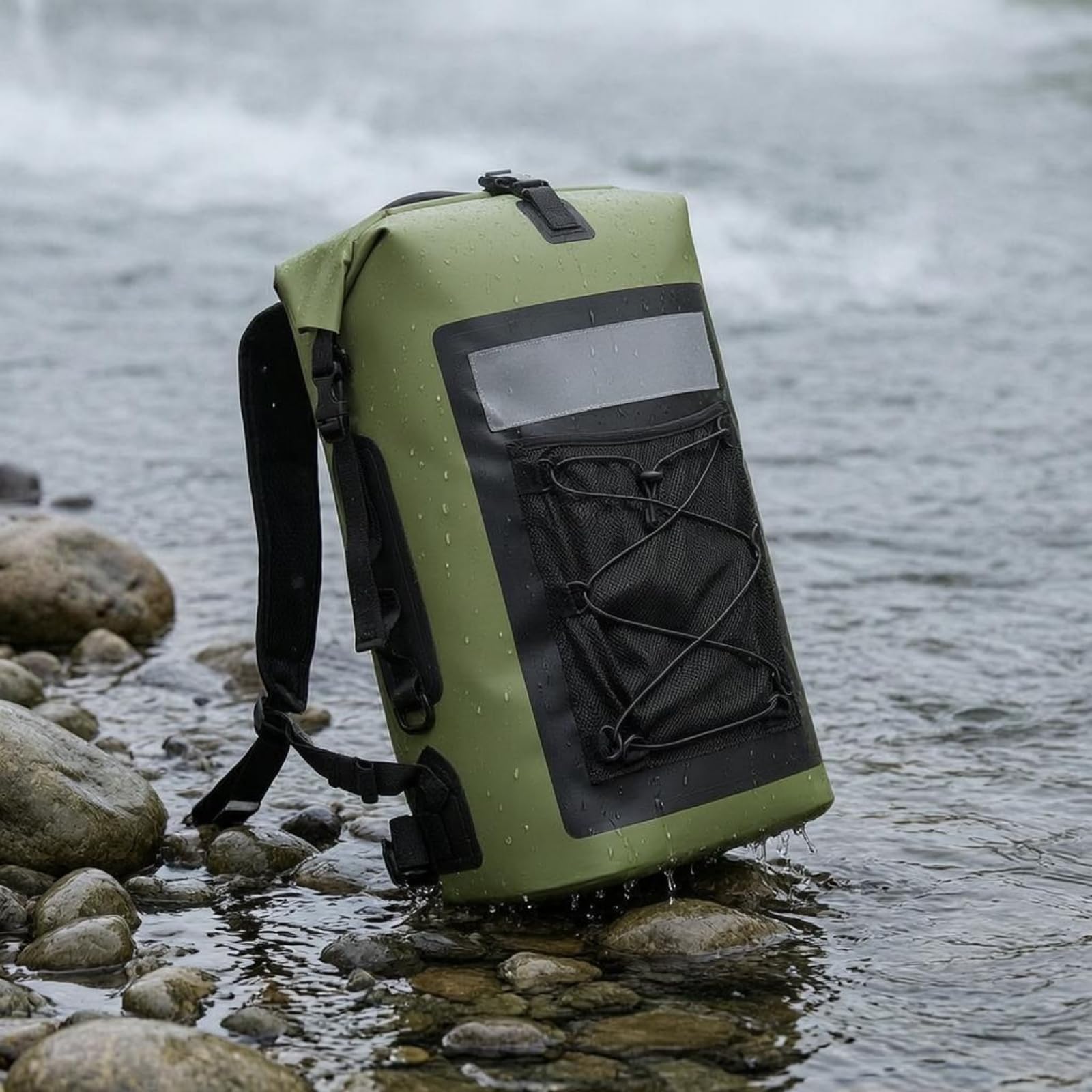 Almencla Outdoor Rucksack Wasserdicht Rolltop Rucksack Packsack Trockensack mit Rollverschluss Und Schnalle PVC Netzgewebe Fronttasche mit Mesh Und Elastischer, Array, Schwarz, size to 3