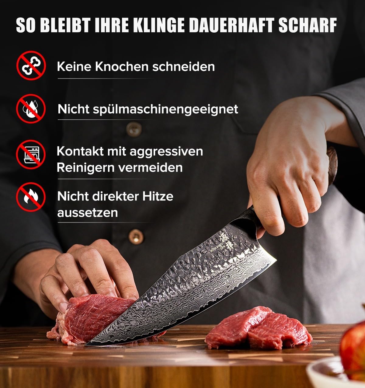 OKAMI Damast Chefmesser – 21,9 cm Klingenlänge – 67-lagiger Damaststahl mit VG10 Kern – Japanische Messerkunst – Hammerschlag-Finish – Eichenholzgriff