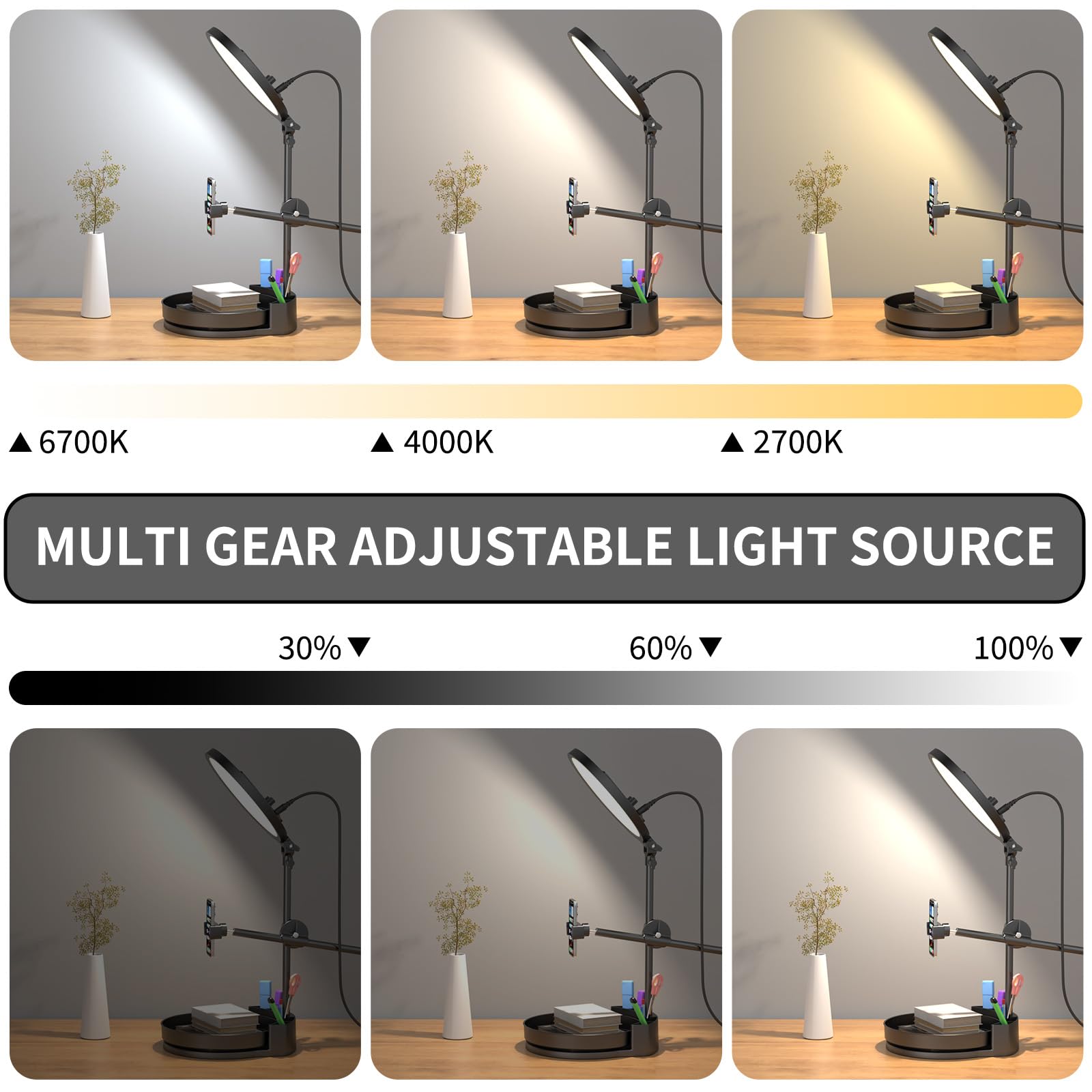 Kit de luz para selfie para escritorio y portátil, anillo de luz regulable de 55 W para pantalla completa, con caja de almacenamiento giratoria, soporte para bolígrafo, soporte para teléfono y
