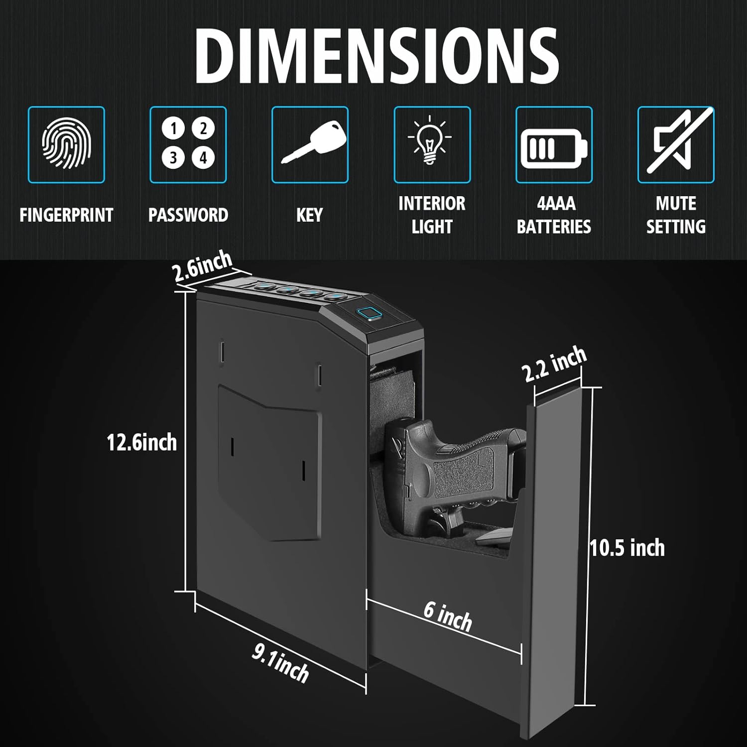 Hidden Gun Safe for Pistols, Biometric Fingerprint Smart Slider Handgun Safe for Nightstand, Desk, Bedside, Wall,Truck -Auto Sliding Door- Fingerprint, PIN Code, KEY Access (Black-Biometric)