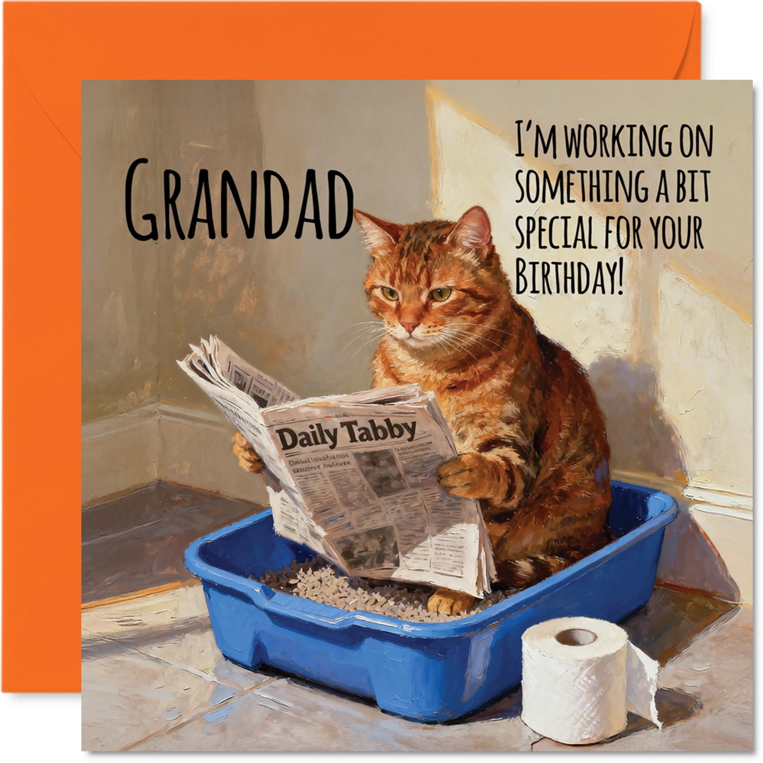 Grandad Birthday Card - Working on Something Special - Happy Birthday Card for Grandad from Grandson Granddaughter, 145mm Funny Cat Litter Tray Humour Bday Greeting Cards