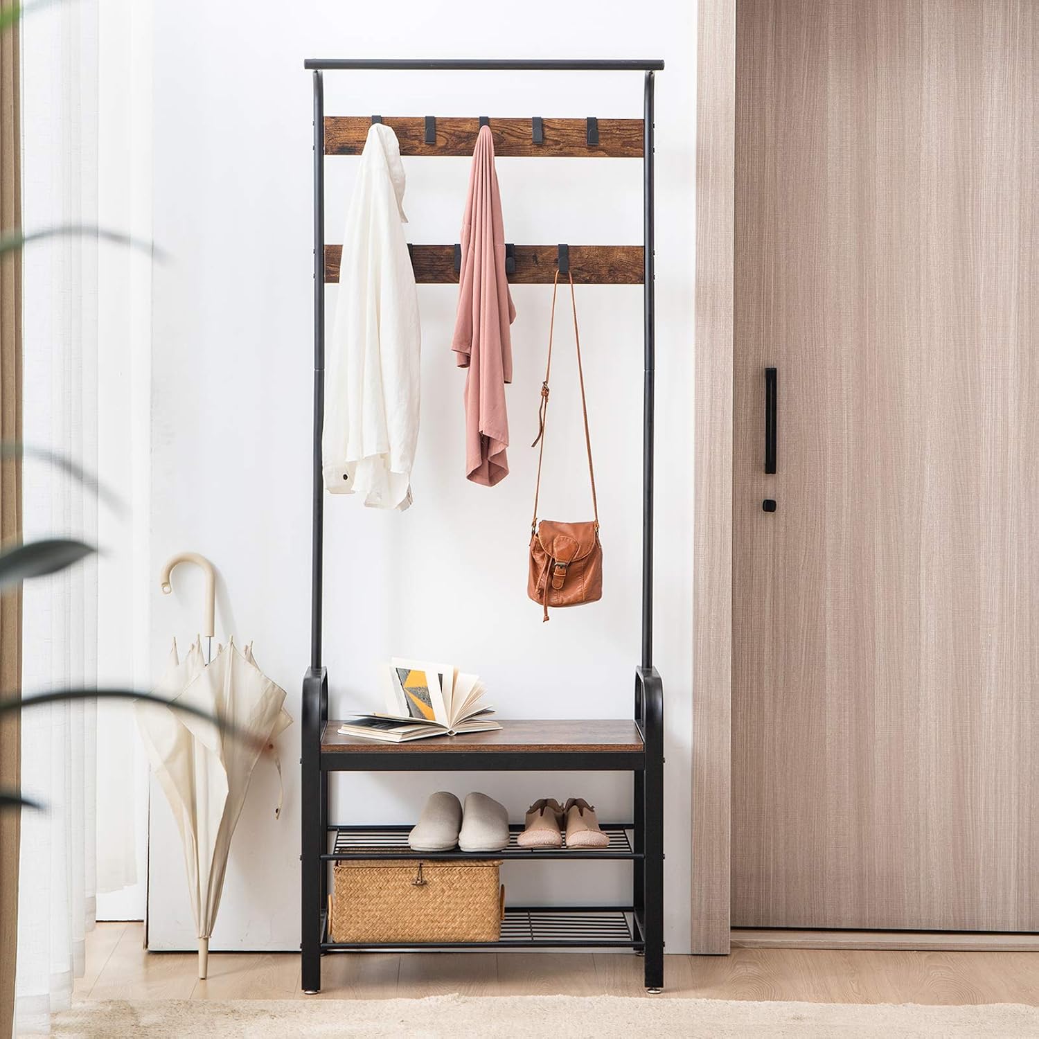 IBUYKE Coat Rack, Shoe Bench, Hall Tree with Storage Shelf for Entryway, Coat Rack Stand with Hanging Bar, 9 Metal Double Hooks, 3-in-1 Design, Industrial Accent Furniture with Steel Frame TMJ001H