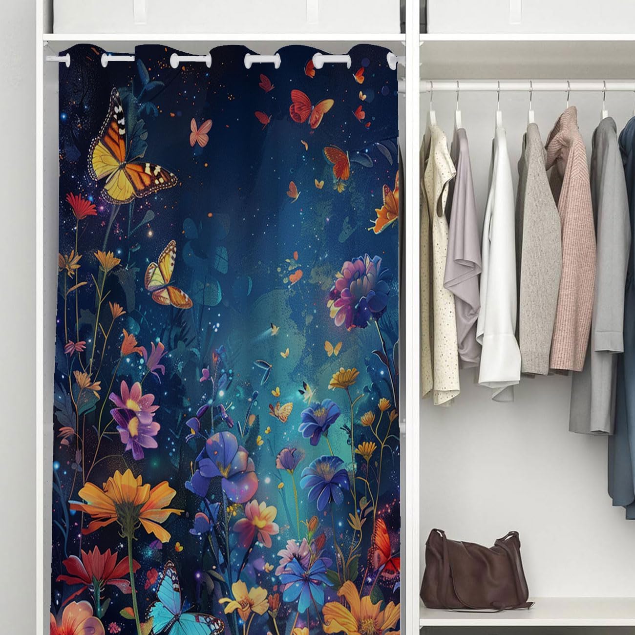 Butterfly Door Curtain for Doorway Privacy, Colorful Garden Flowers Fantasy Magical Room Darkening Blackout Curtain for Kids Boys Girls Teens Bedroom Living Room Closet 1 Panel 34" W X 80" L