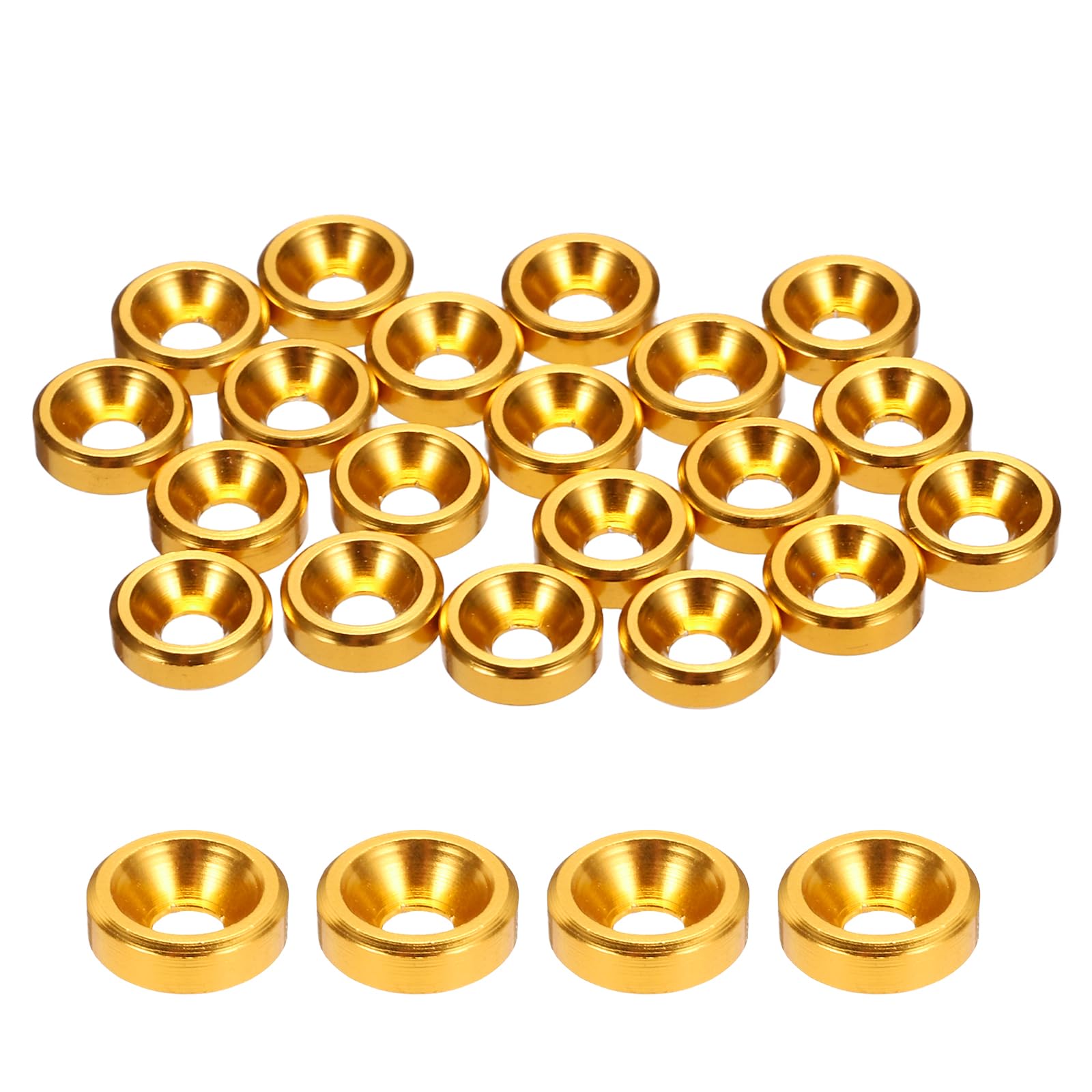sourcing map M2 Cone Cup Countersunk Washers, Anodized Aluminum Gaskets Cup Head Washer Gasket for Screw RC/FPV/PC/Drone/Mechanical Accessories Model Parts, 20PCS(Gold)