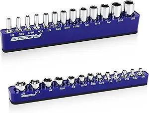 2-Piece 1/4"-Drive SAE Magnetic Socket Organizer Set (Holds 26 Sockets) - Detachable Tool Tray with 5mm Magnetic Base, Screw-Fixed Design & Heavy-Duty Modular Storage for Garage/Home Workshop