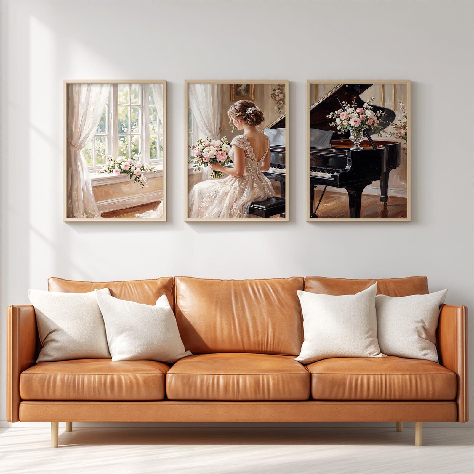 Generisch 3-teiliges Wandbild Leinwand Set 50 x 70 cm, Ohne Rahmen Triptychon Ästhetische Kunstdrucke Ölgemälde für Wohnzimmer & Schlafzimmer, Frau Hochzeitskleid Romantisch Klavier Blume Sanft