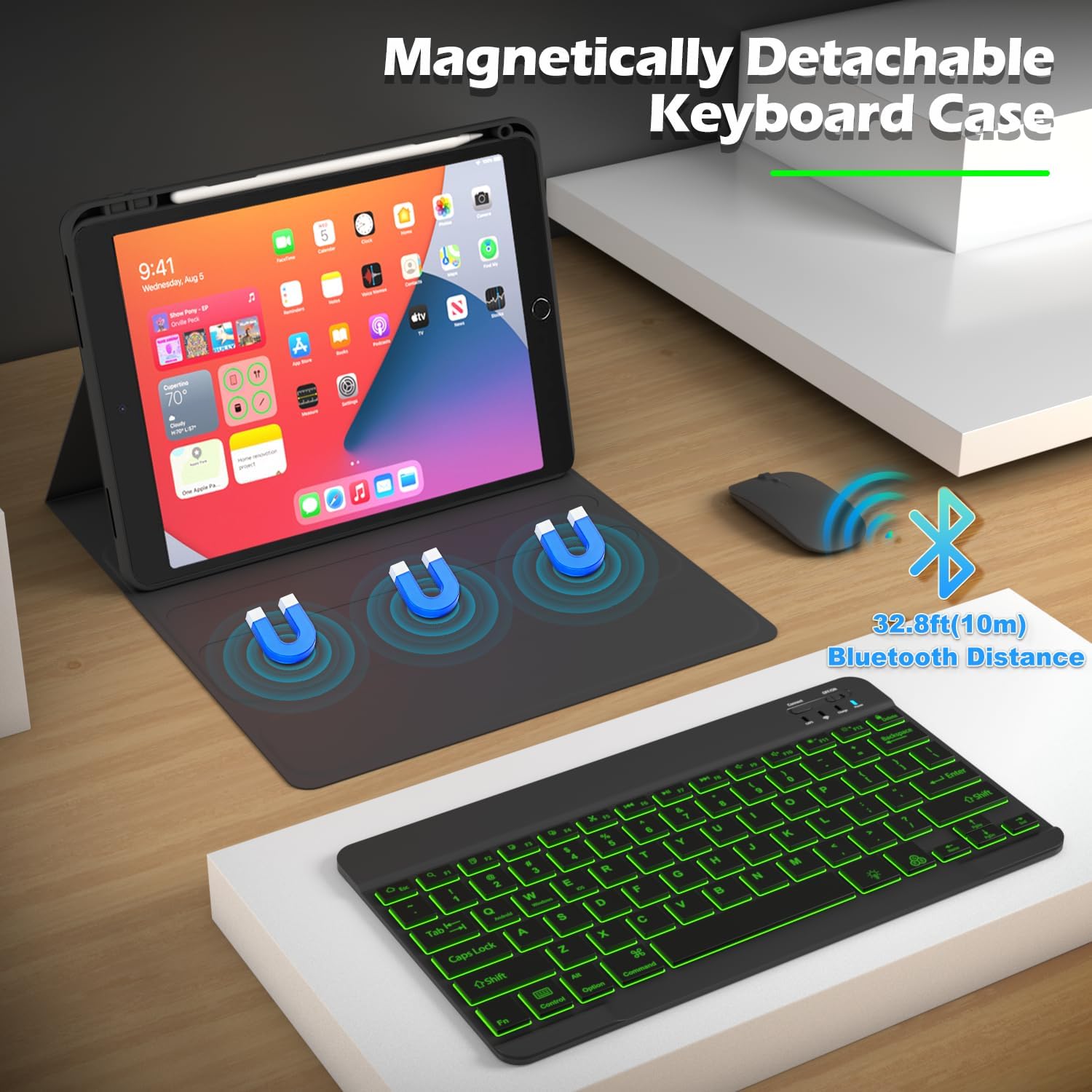 Keyboard Case for iPad 9.7 Inch 6th / 5th Generation 2018/2017 & Pro 9.7 Inch 2016, Mouse and 7 Colors Backlit Detachable Keyboard, Adjustable Stand Built in Pencil Holder, Auto-Sleep/Wake, Black