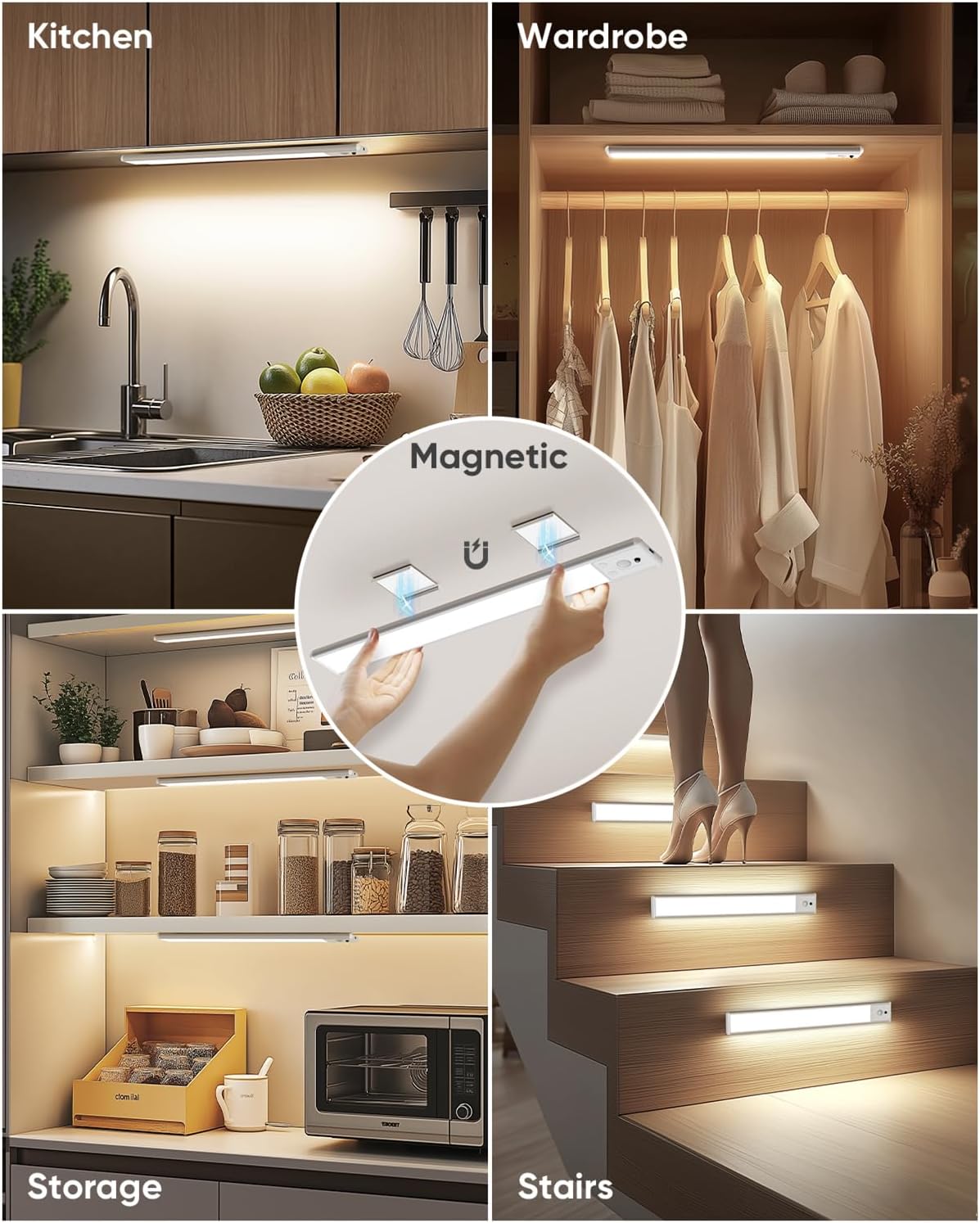Under Cabinet Lighting Wireless, Rechargeable LED Motion Sensor Light Indoor, Closet Lights with Remote, Timer, 3 Color Temps & Dimmable Magnetic Under Counter Lights for Kitchen, Stairs, 6 Pack