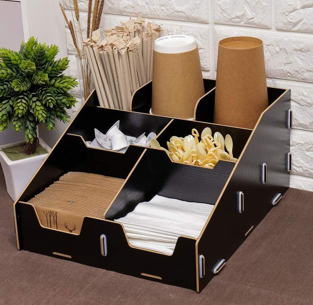 7 Compartment Coffee Condiment Organizer Cups Lids Sugars Creamers Stirrers Napkins Organizer Holder for Breakroom Milk Tea Shops Coffee Shops Kitchen Pine (Black)