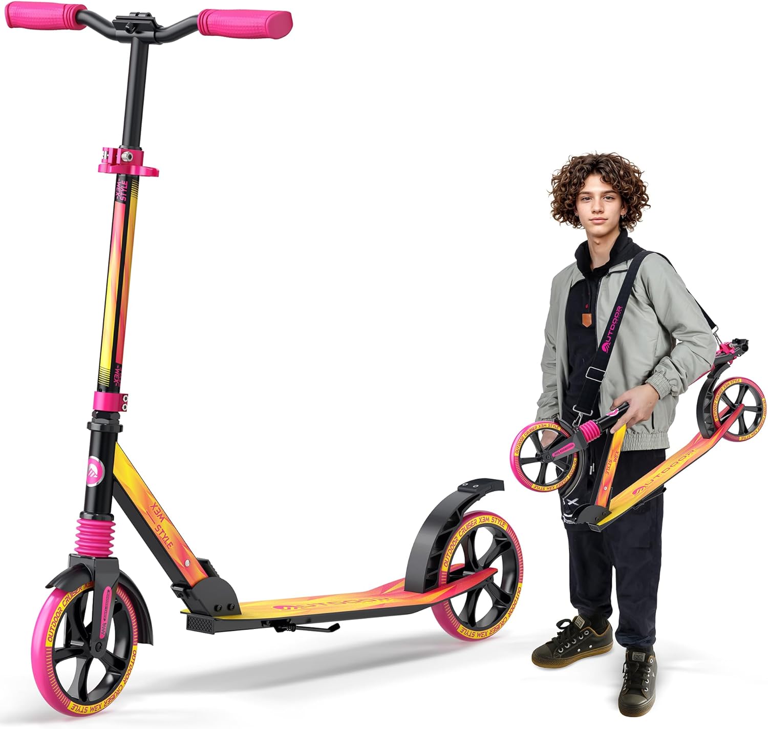 Outdoor Cruiser Kick Scooter for Ages 6+, for Kids, Teens, and Adults, Max Load 250 LBS, Foldable, 8-inch Big Wheels, Dual Suspension, 3 Adjustable Levels, Child Safety Approved, Yellow and Pink