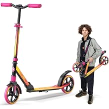 Outdoor Cruiser Kick Scooter for Ages 6+, for Kids, Teens, and Adults, Max Load 250 LBS, Foldable, 8-inch Big Wheels, Dual Suspension, 3 Adjustable Levels, Child Safety Approved, Yellow and Pink