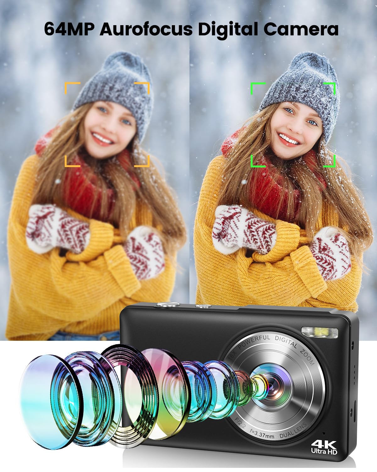 Cámara Digital 4K de 64 MP, Enfoque automático, cámara de Fotos Dual con Tarjeta de 32 GB, Zoom Digital de 16X, cámara Digital compacta con 2 baterías para Principiantes y Adolescentes