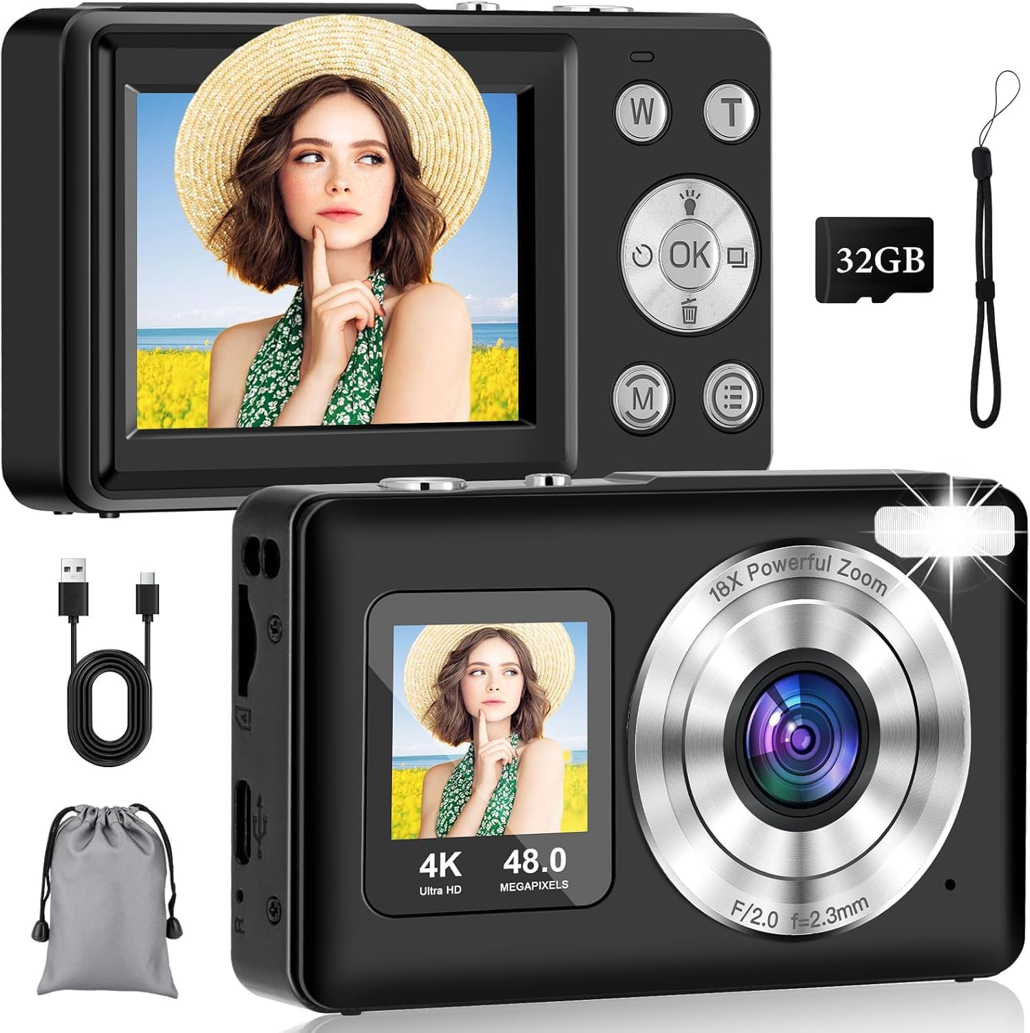 Appareil Photo Numérique avecà Double Écran - 48MP HD 4k Digital Caméra, Appareil Photo Compact Portable avec Zoom Numérique 18X Anti-Shake Caméra, Carte de 32GB, pour Enfant/Ados/Débutant, Noir