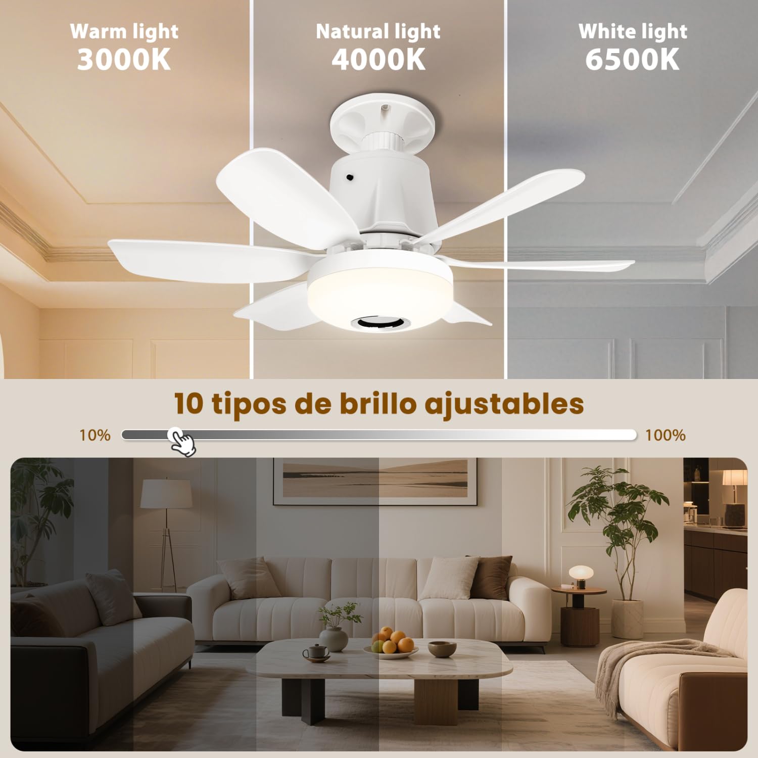 Ventilatore da Soffitto con Luce e Telecomando E27, Con altoparlante, Dimmerabile Plafoniera LED 3000-6500K, Luce ambientale RGB, timer, silenzioso per Camera da Letto, Soggiorno, Cucina