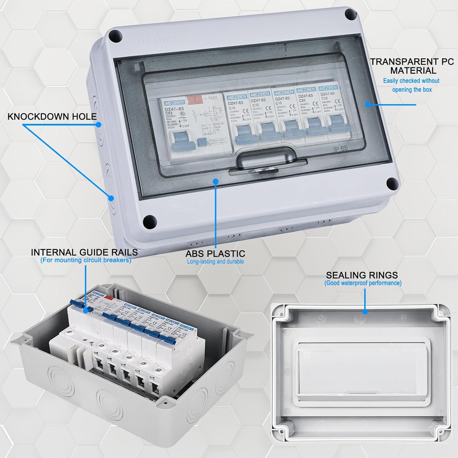 Caja de fusibles de superficie IP65 con disyuntor, disyuntor 63 A, 4 vías, 2 x 6 A+10 A+20 A+32 A, subdistribución en superficie, interruptor de separación CA, distribuidor pequeño, caja de