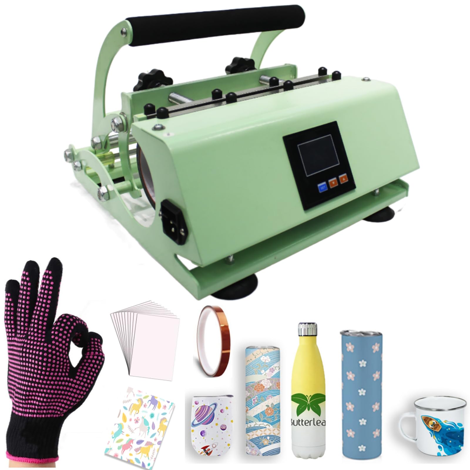 Tumbler Heat Press Glasses Heat Press for 20OZ 30OZ Heat Sublimation Tight-Fitting Straight Glass Jars and 11-15OZ Mugs with 20 Pieces of Paper Hot Tape Glove (Green)