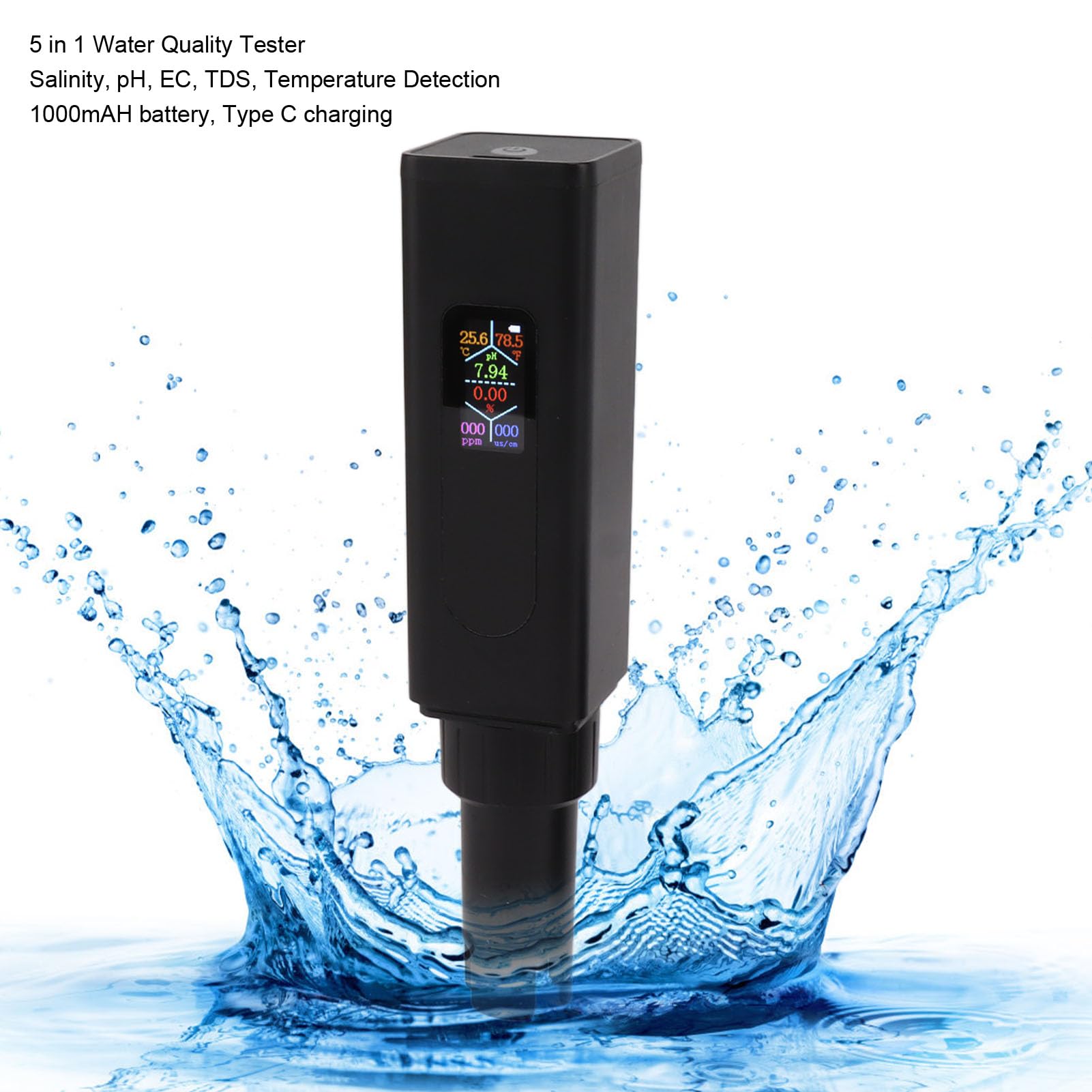 5 in 1 Tester di Qualità dei'Acqua di Salinità PH Temperatura TDS CE Testing Meter Schermo LCD Rilevatore di Acqua per Acquari Acqua Potabile Piscina